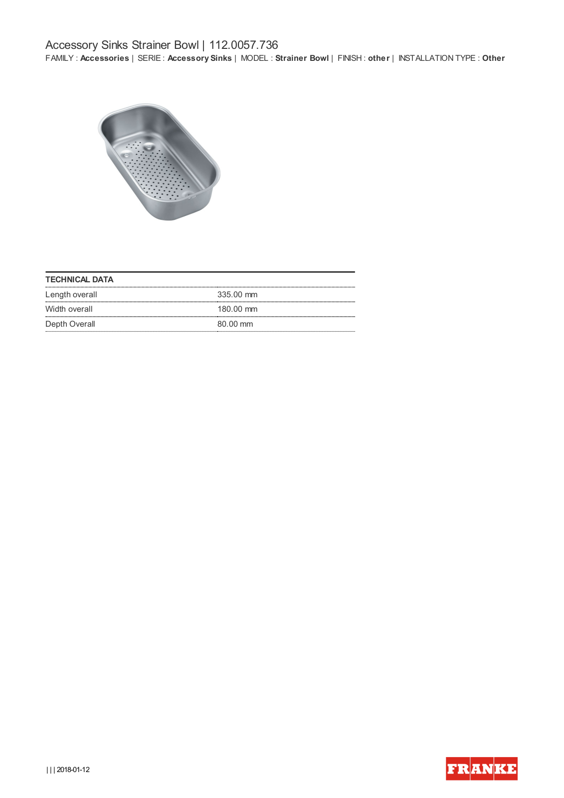 Franke SB736 Specifications Sheet