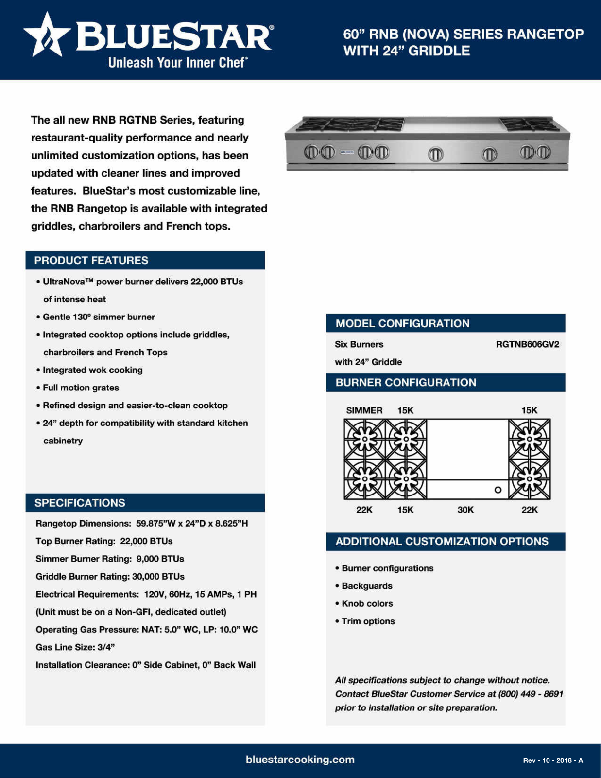 BlueStar RGTNB606GV2LPLT Specifications