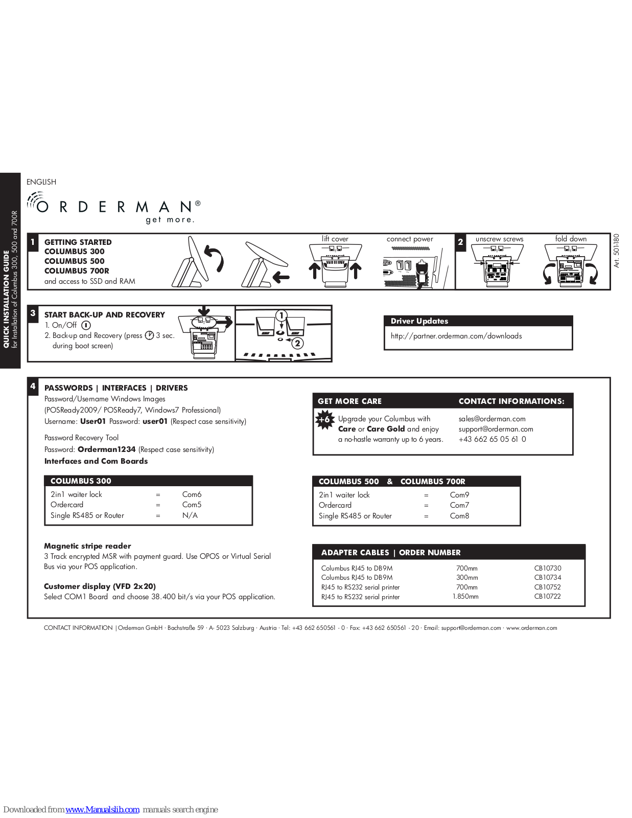 Orderman COLUMBUS 300, COLUMBUS 700R, COLUMBUS 500 Quick Installation Manual