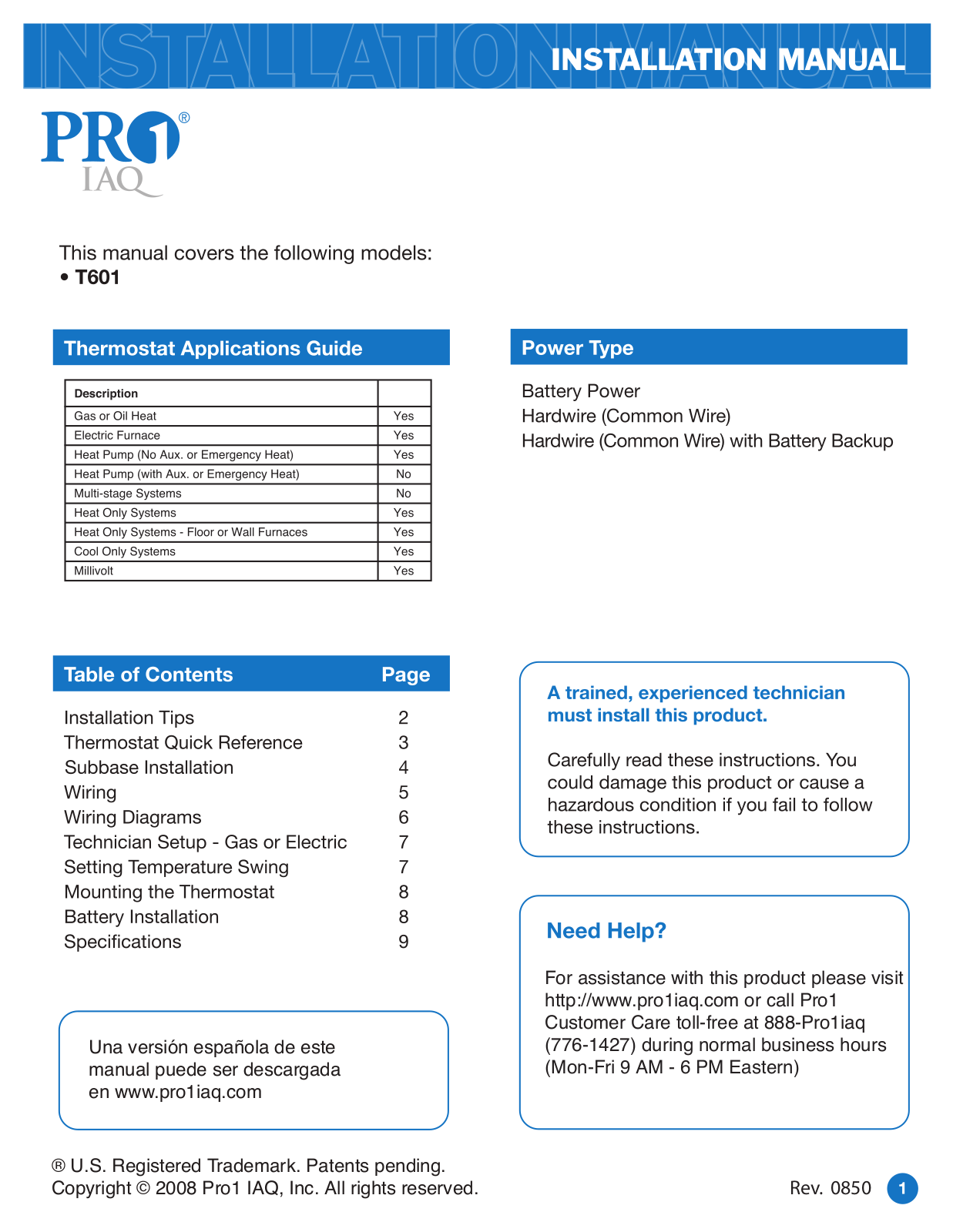 Pro1 T601 Installation manual