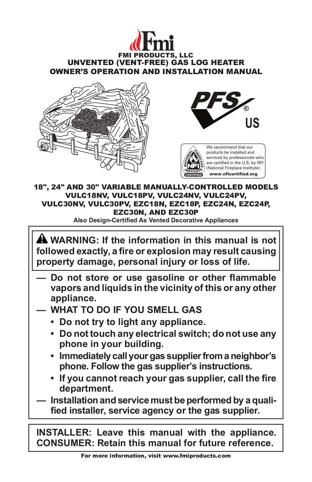 FMI VULC18NV, VULC24NV, VULC24PV, VULC30NV, VULC30PV Owner's Operation And Installation Manual