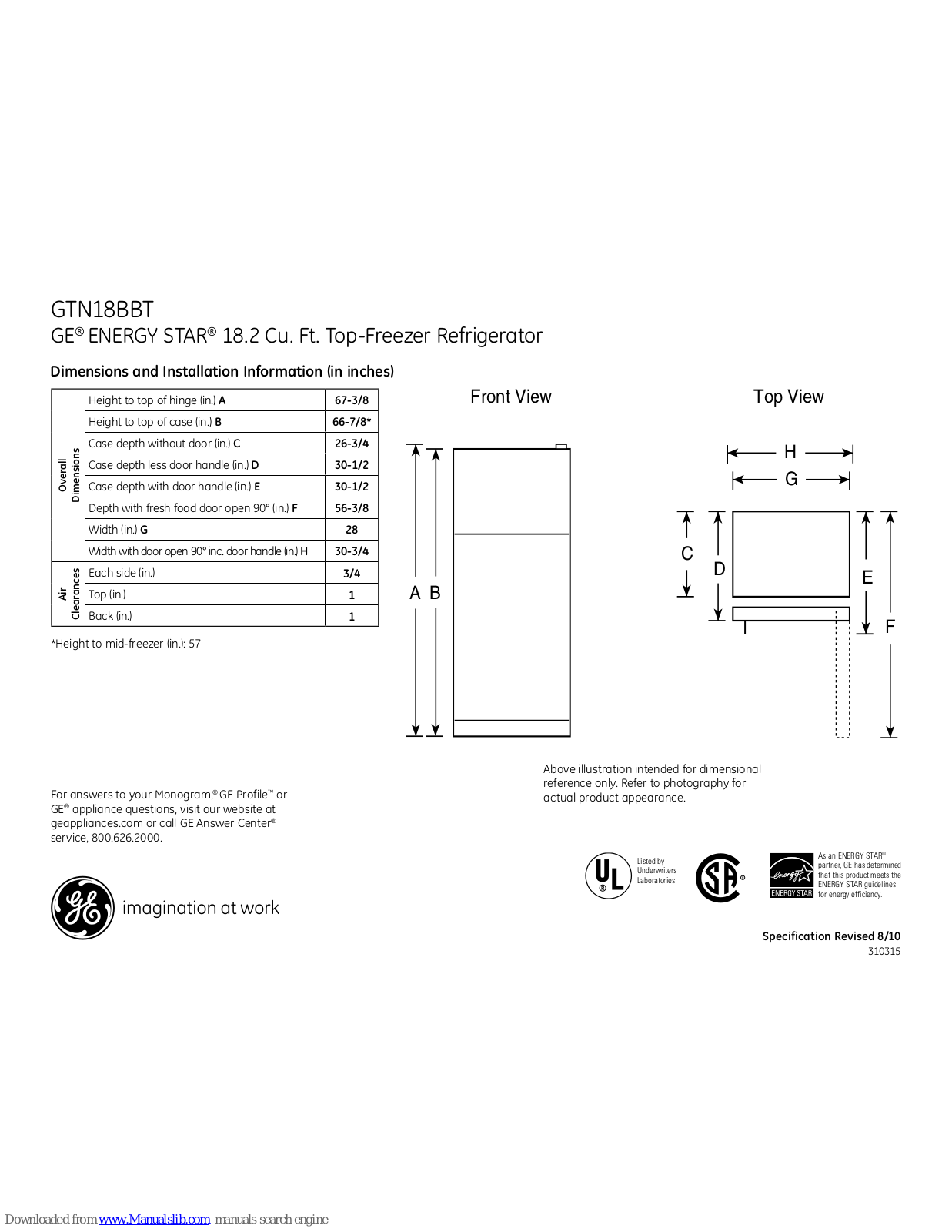 GE GTN18BBTWW, GTN18BBT Dimensions And Installation Information