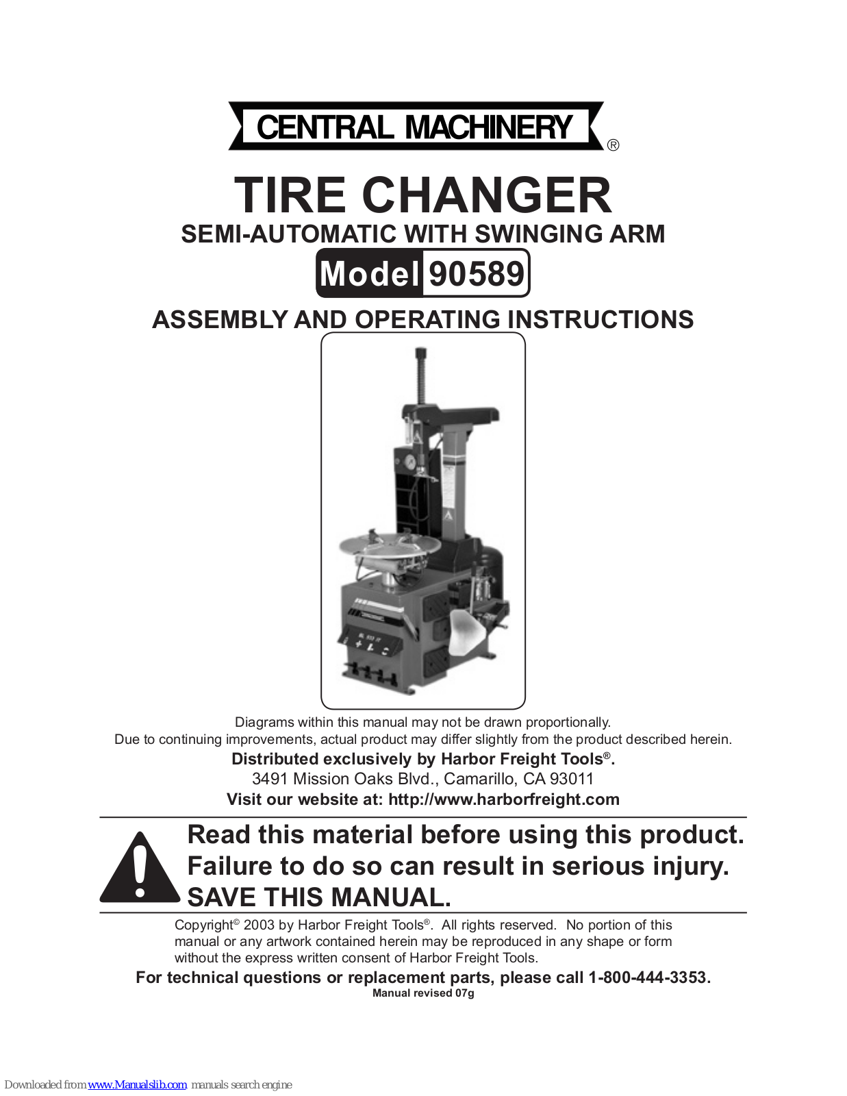 Central Machinery 90589 Assembly And Operating Instructions Manual