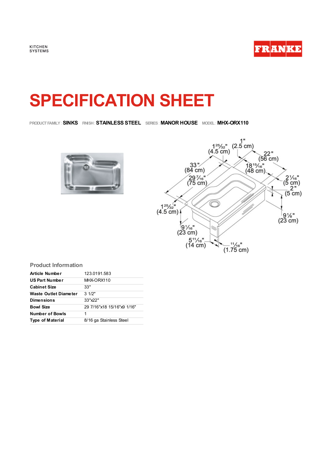 Franke Foodservice MHX-ORX110 User Manual