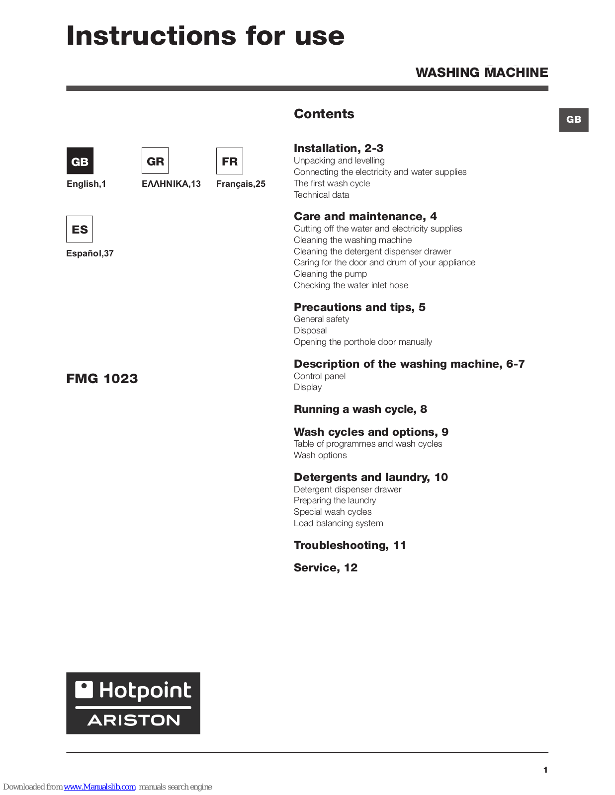 Hotpoint Ariston FMG 1023 Instructions For Use Manual