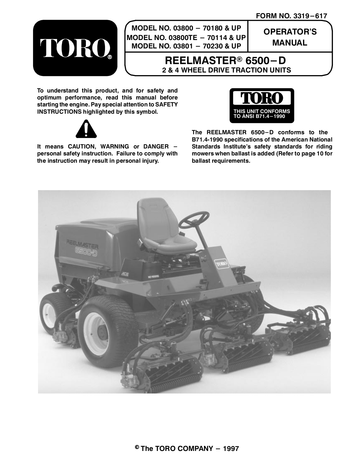 Toro 03800 Reelmaster 6500-D, 03800TE Reelmaster 6500-D, 03801 Reelmaster 6500-D, 03805, Reelmaster 6700-D Operator's Manual