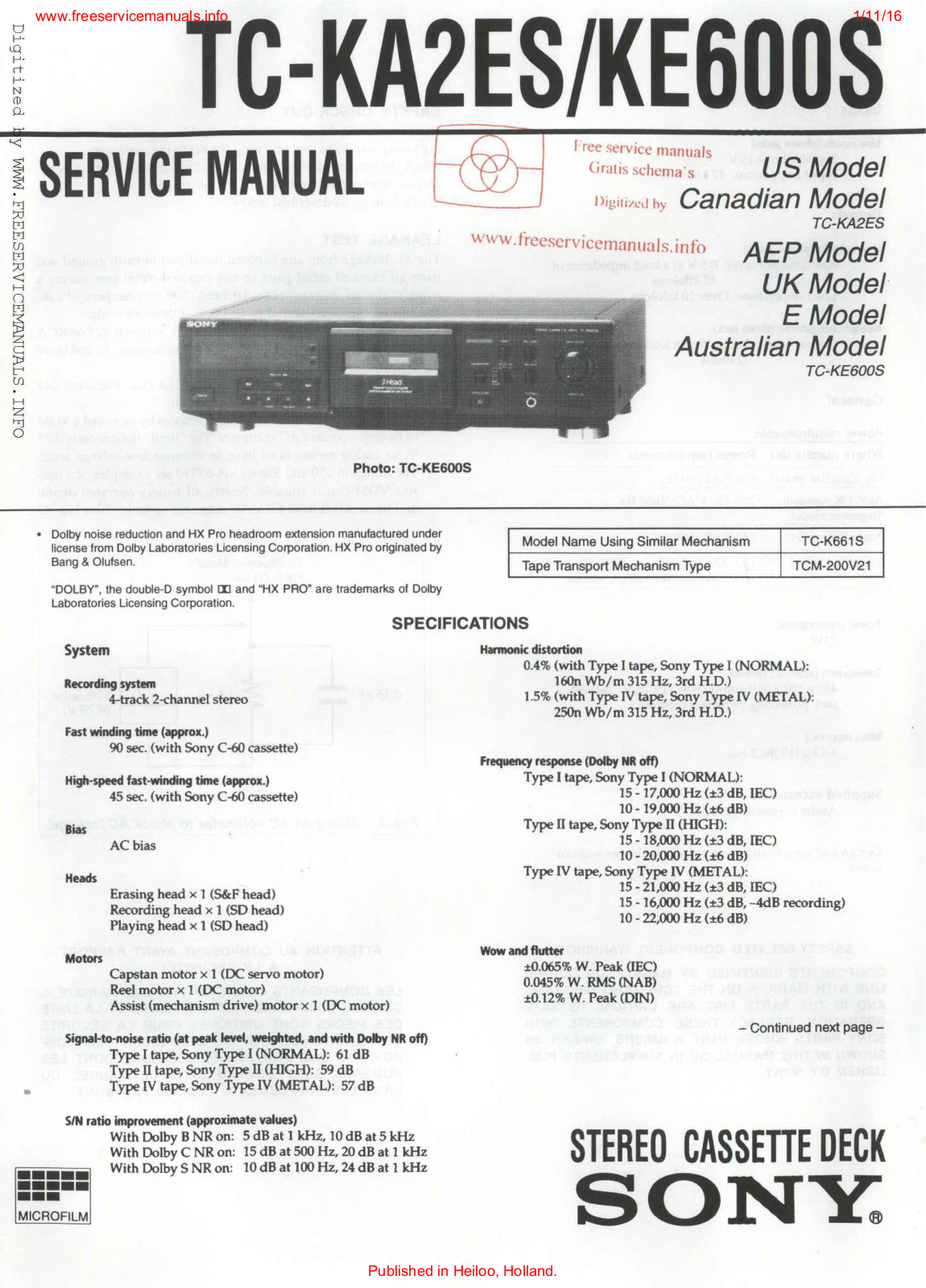 Sony TC-KA2ES, TC-KE600S, TC-FX170, HCD-H650, HCD-H650M Service Manual