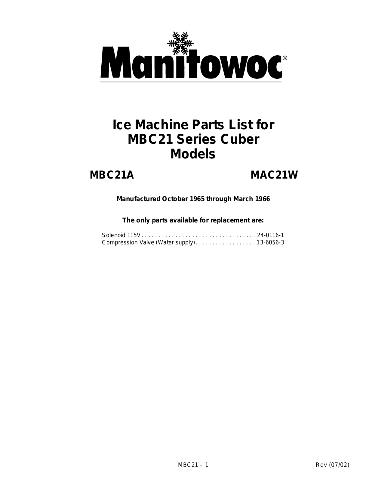 Manitowoc Ice MAC21W Parts List