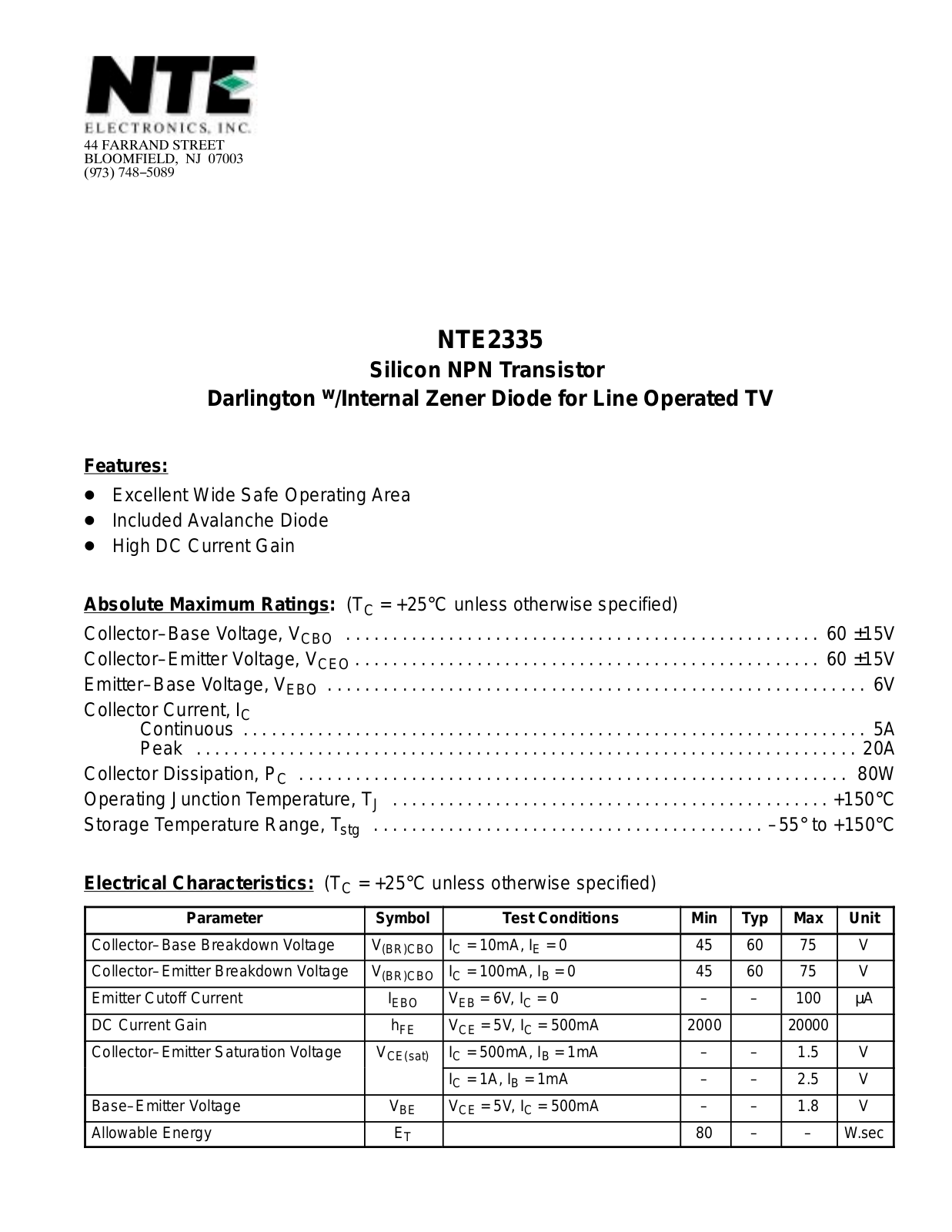 Datasheet NTE2335 Datasheet (NTE) - ManualMachine.com