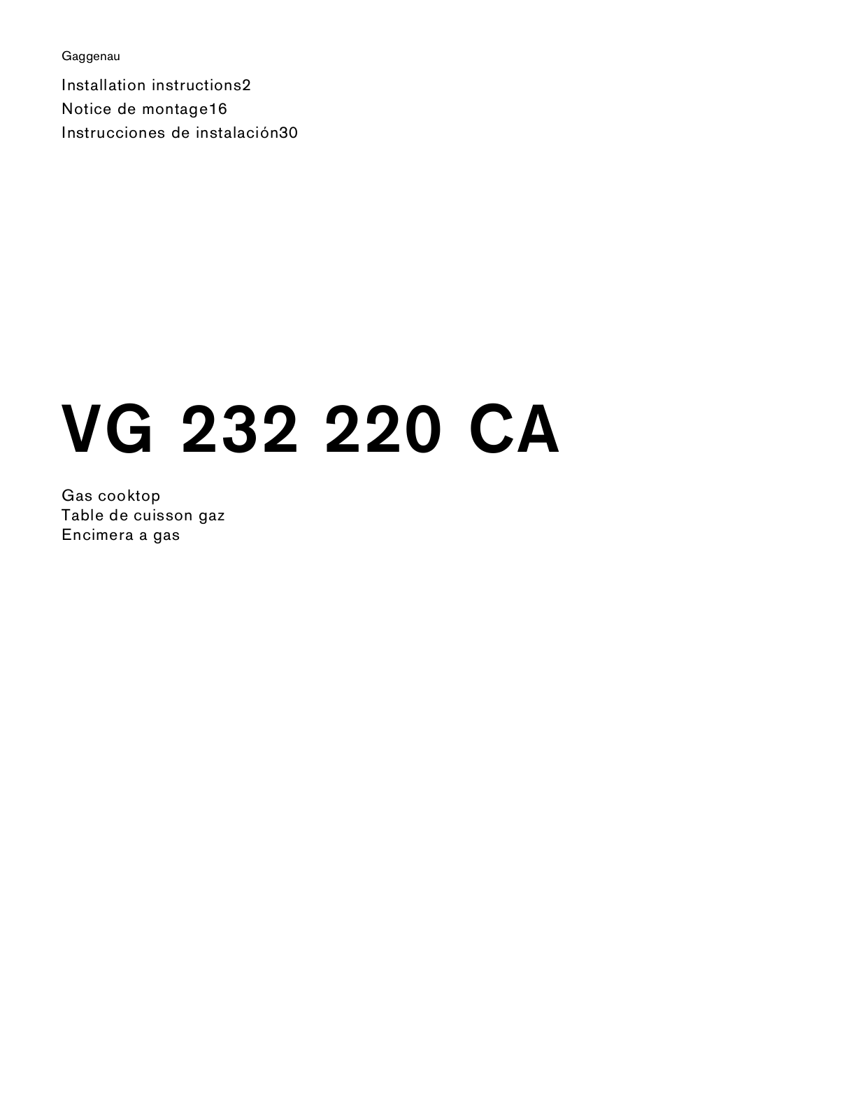 Gaggenau VG232220CA Installation manual