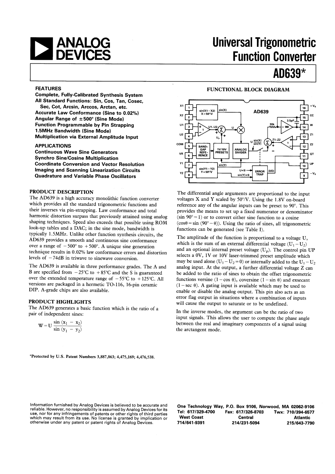 Analog Devices AD639SD-883B, AD639SD, AD639BD, AD639AD Datasheet