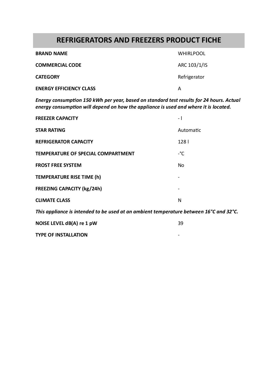 Whirlpool ARC 103/1/IS Product Sheet