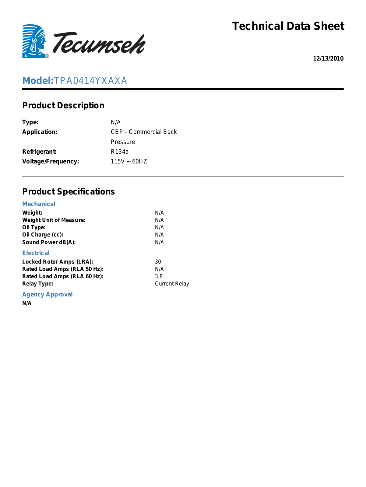 Tecumseh TPA0414YXAXA User Manual