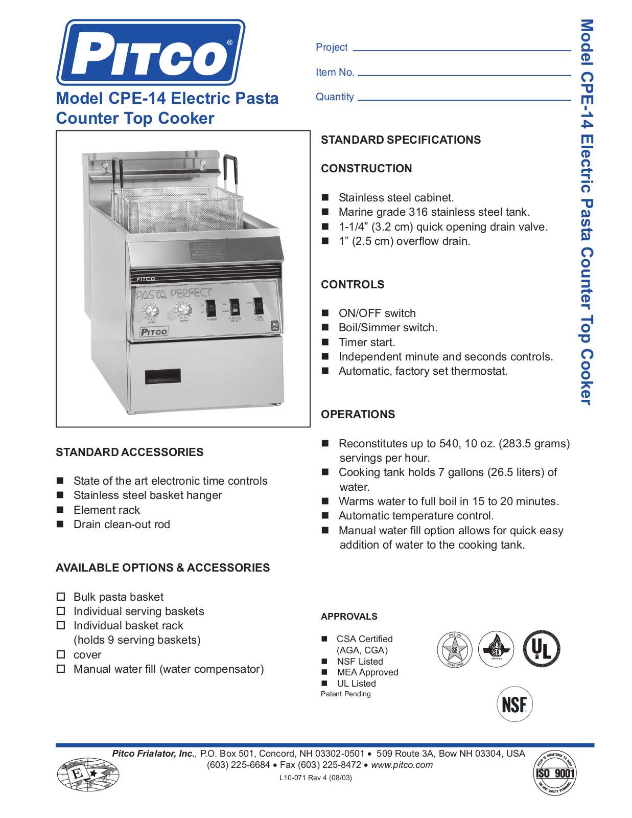 Pitco CPE14 User Manual