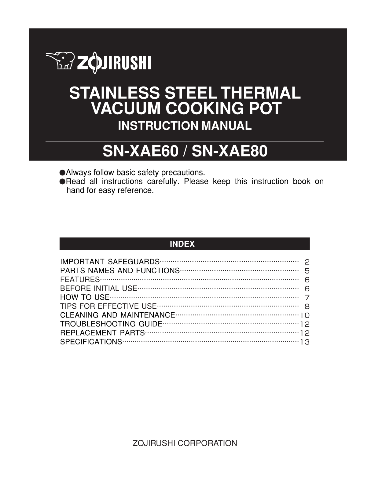 Zojirushi SN-XAE80 Installation  Manual