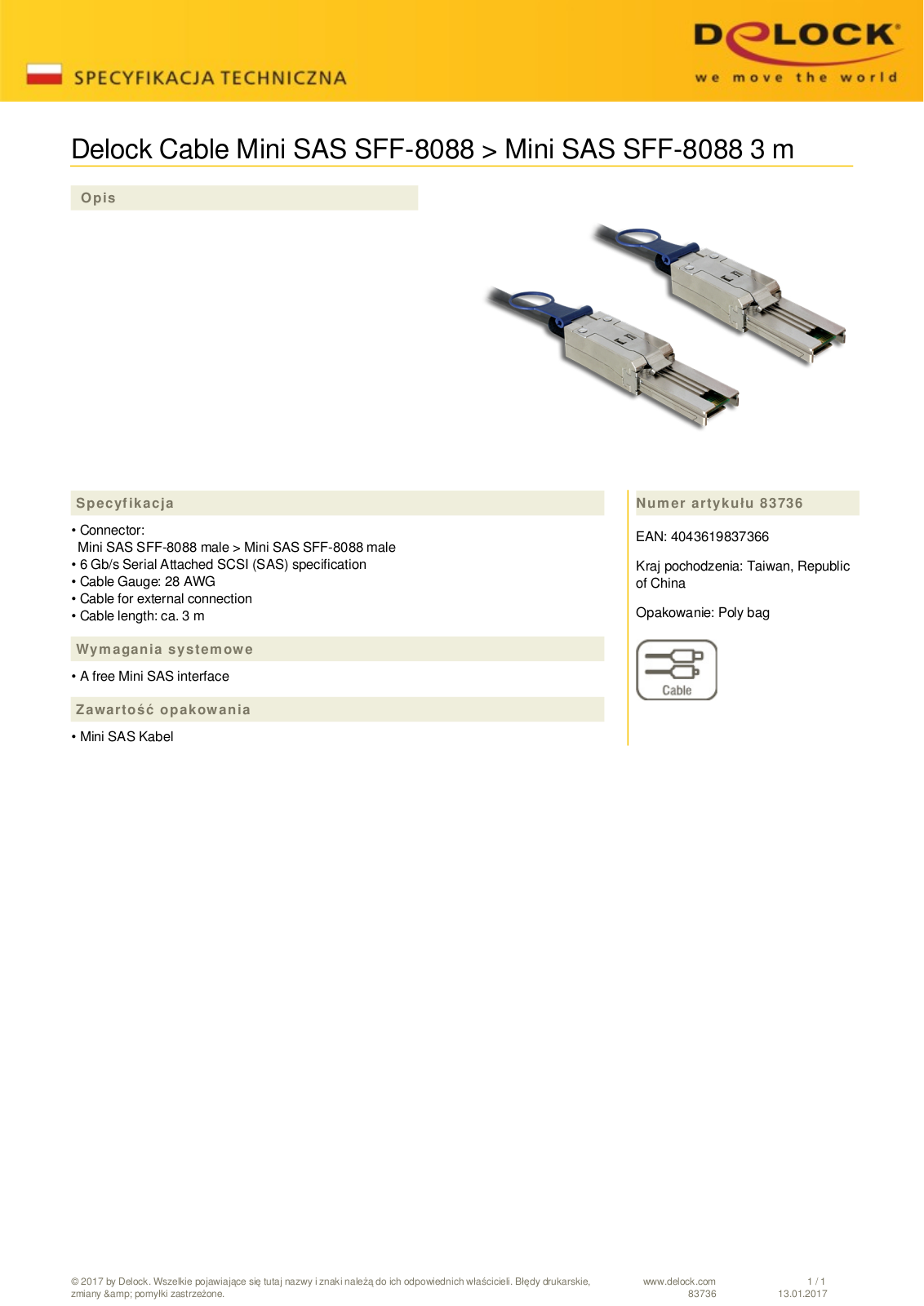 DeLOCK cable mini SAS SFF-8088 on mini SAS SFF-8088, 3m User Manual