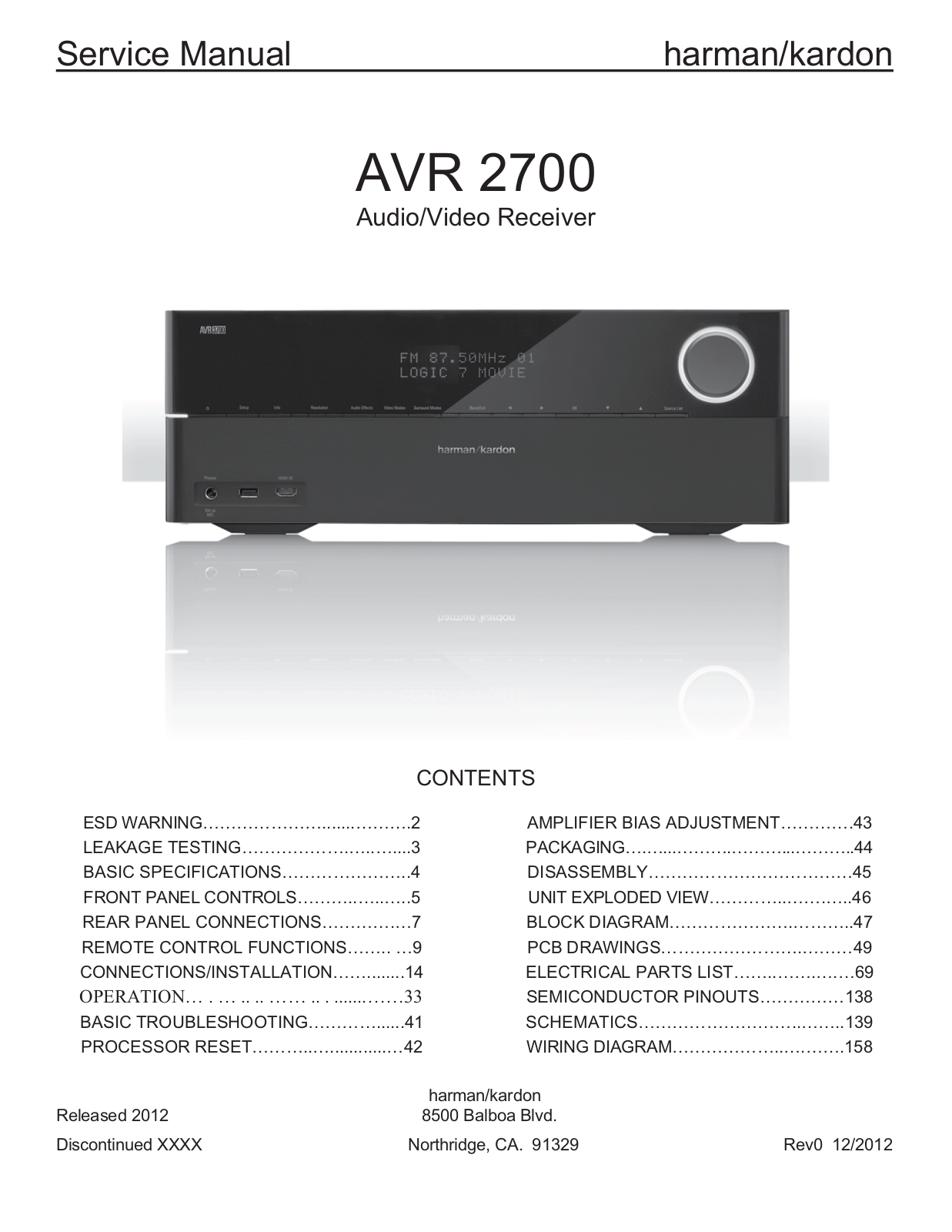 Harman Kardon AVR2700 Service Manual