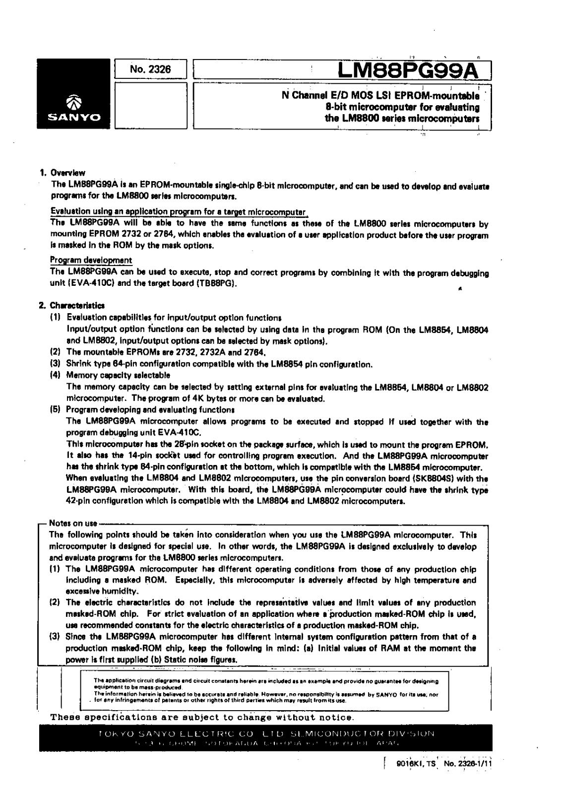 Sanyo LM88PG99A Specifications