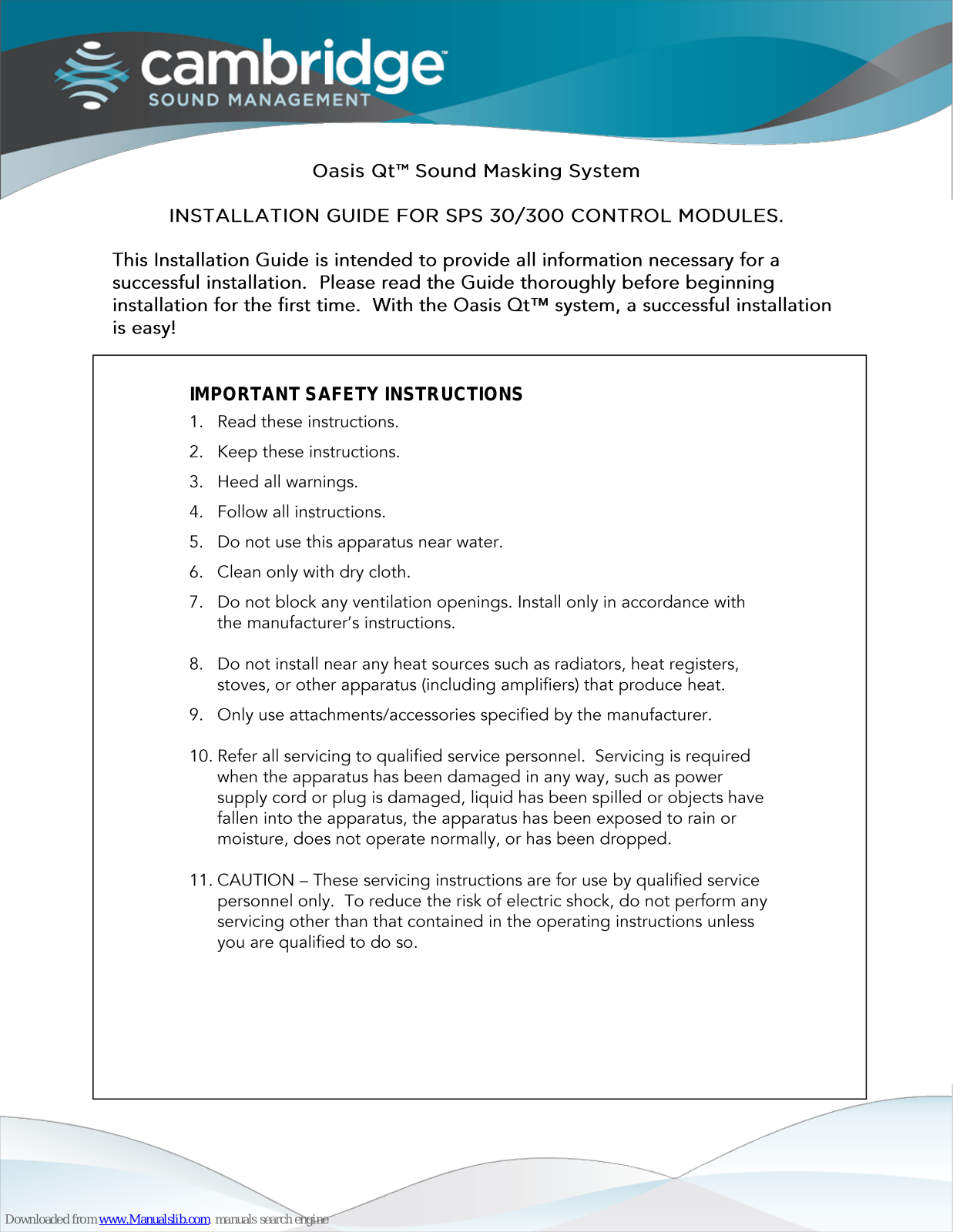 CAMBRIDGE oasis qt sps 30, oasis qt sps 300 Installation Manual