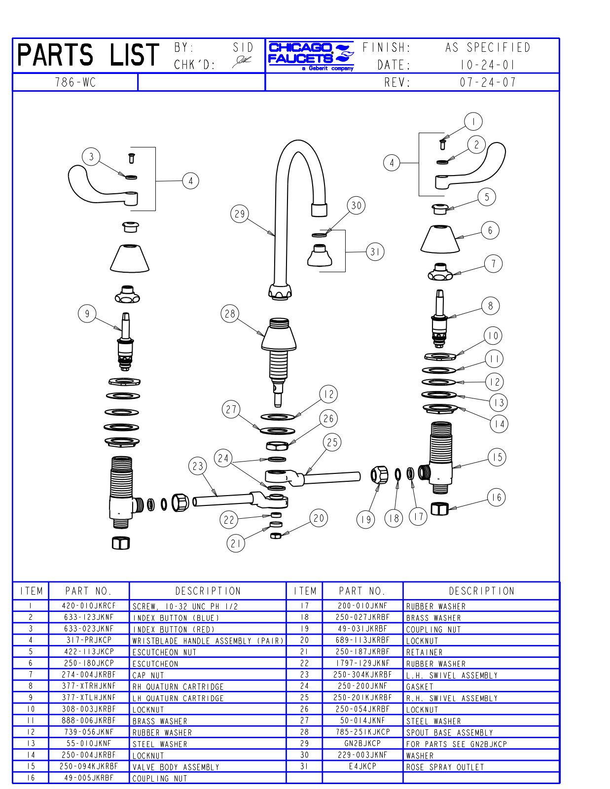 Chicago Faucet 786-WC Parts List