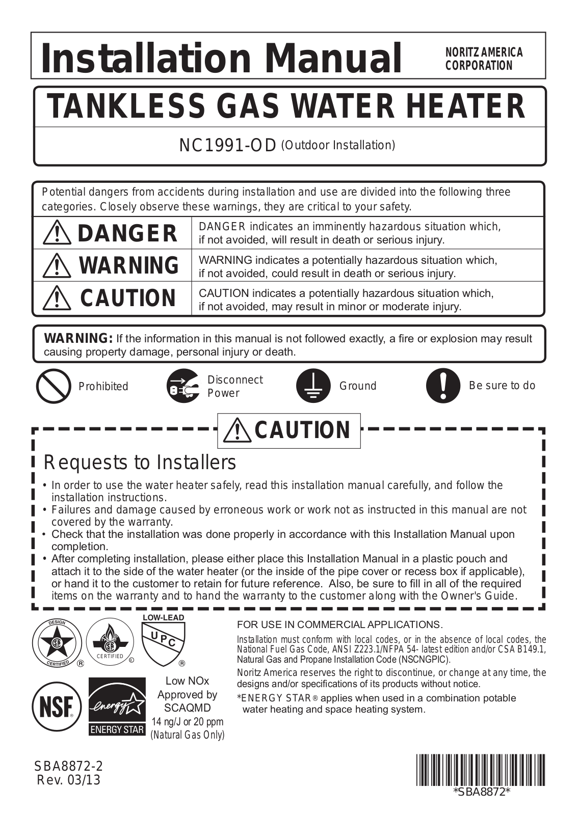 Noritz NC1991-OD Installation  Manual