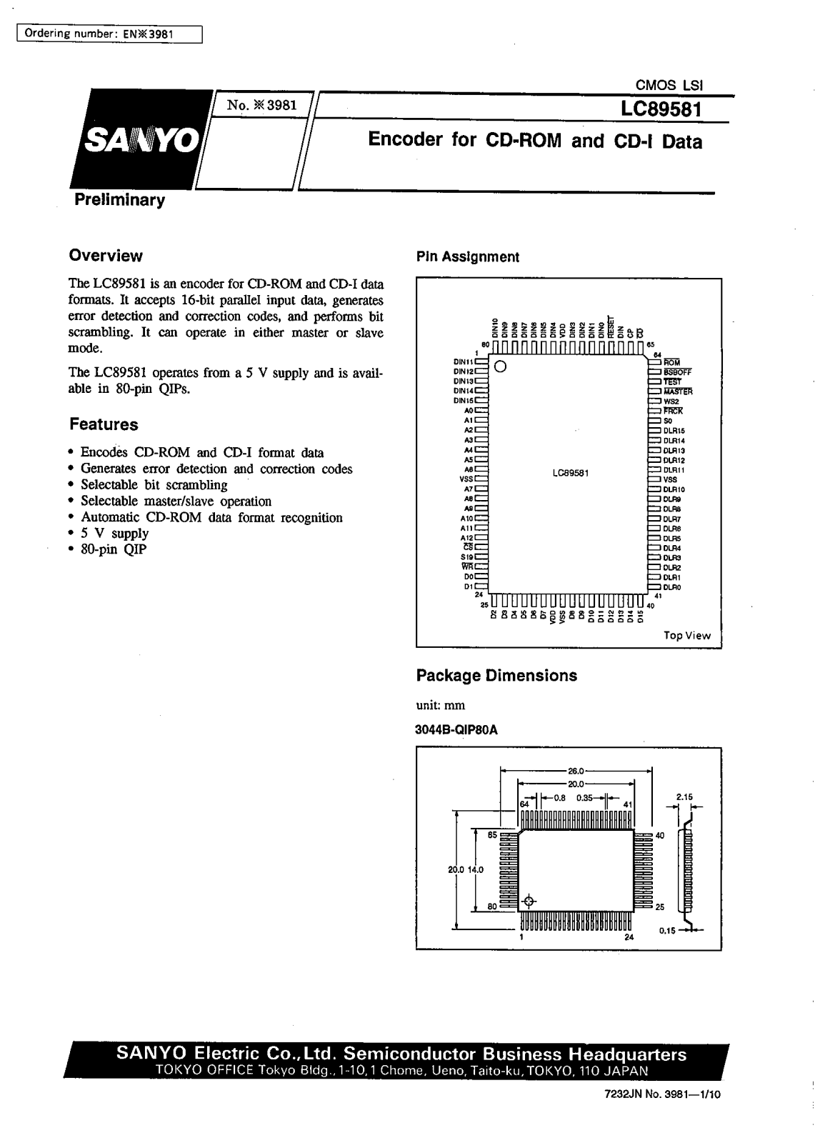 SANYO LC89581 Datasheet