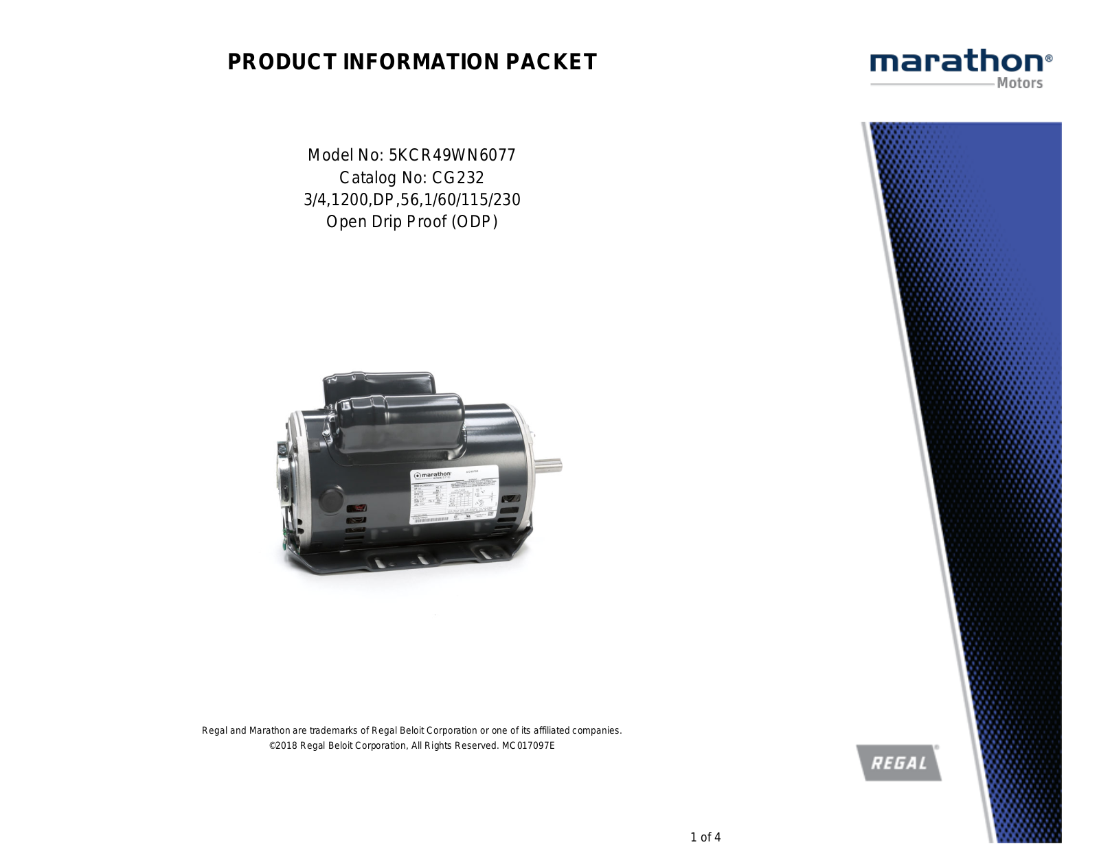 Marathon Electric 5KCR49WN6077 Product Information Packet