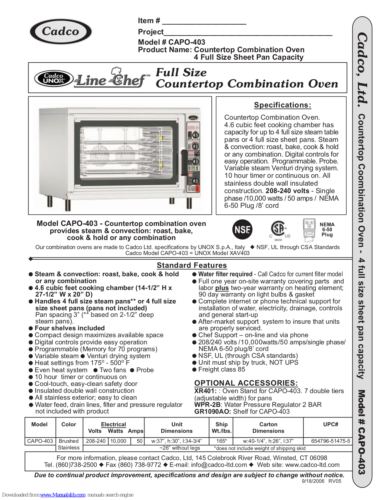 Cadco UNOX Line Chef CAPO-403 Specification Sheet