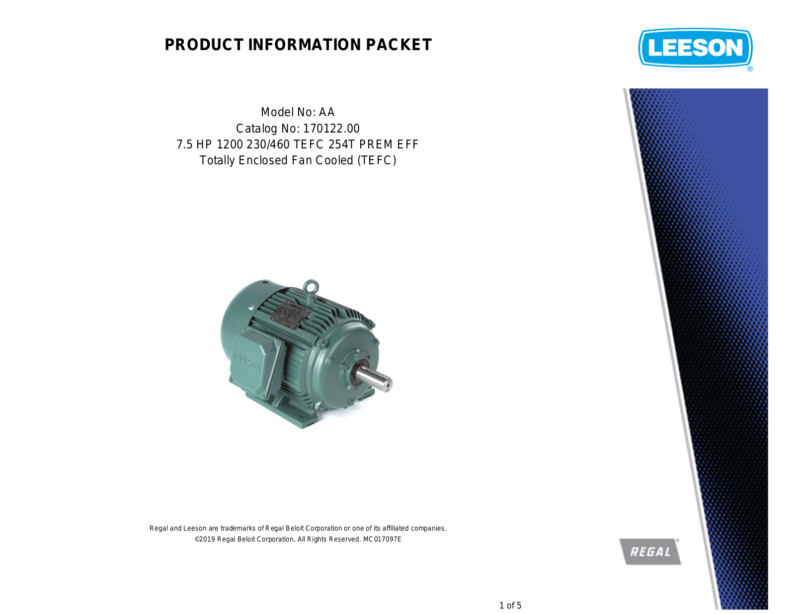 Leeson 170122.00 PRODUCT INFORMATION PACKET