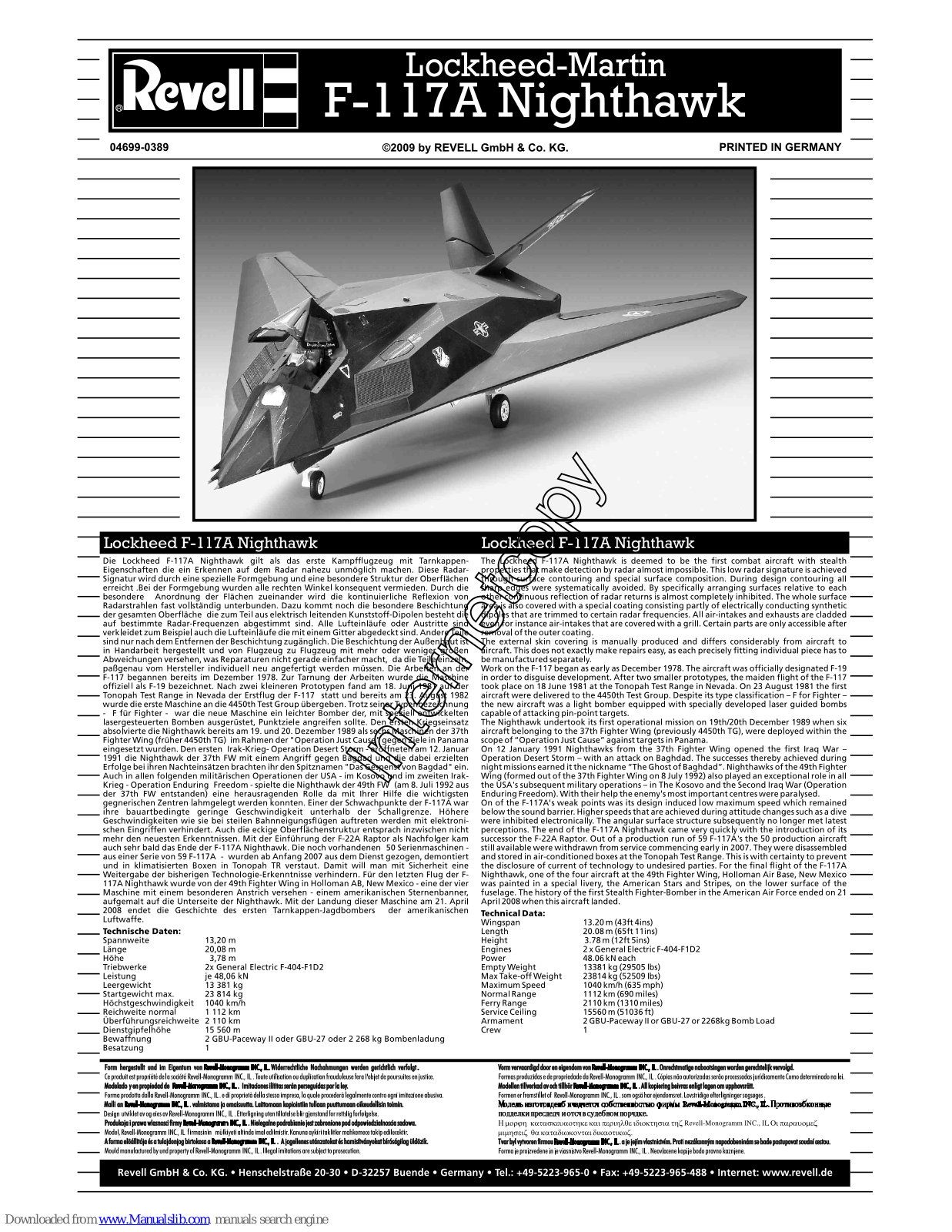 REVELL Lockheed-Martin F-117A Nighthawk Assembly Manual