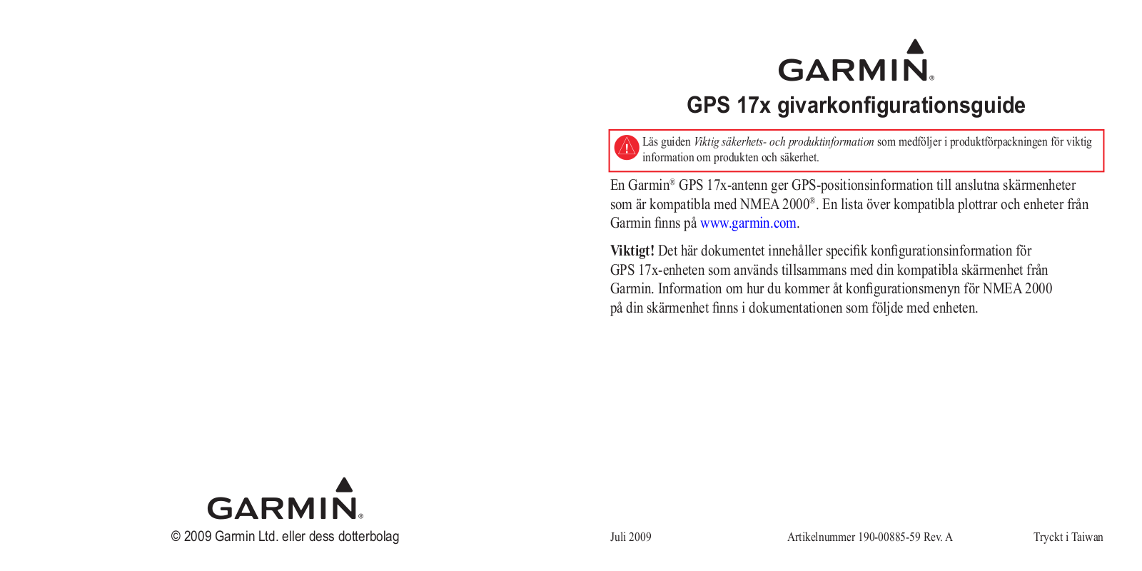 Garmin GPS 17x NMEA 2000 Quick Start Guide