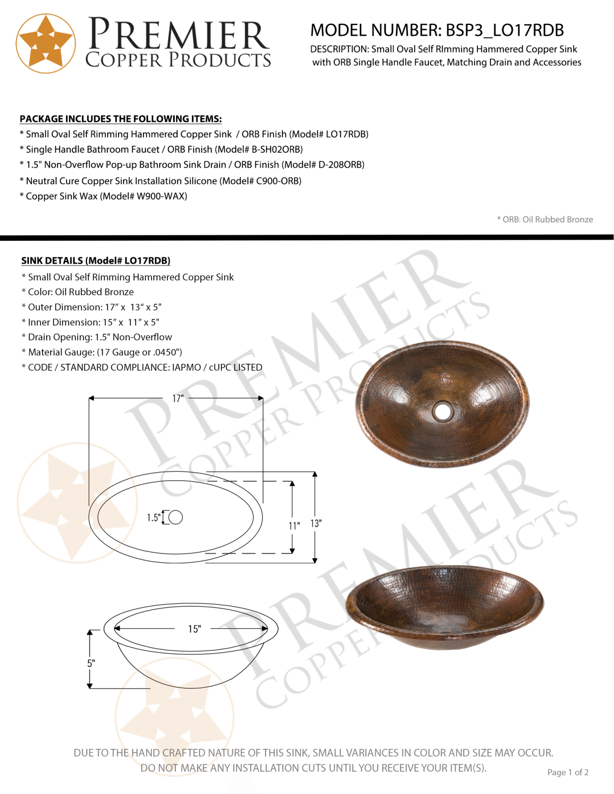 Premier Copper Products IER1612 Specifications - ManualMachine.com