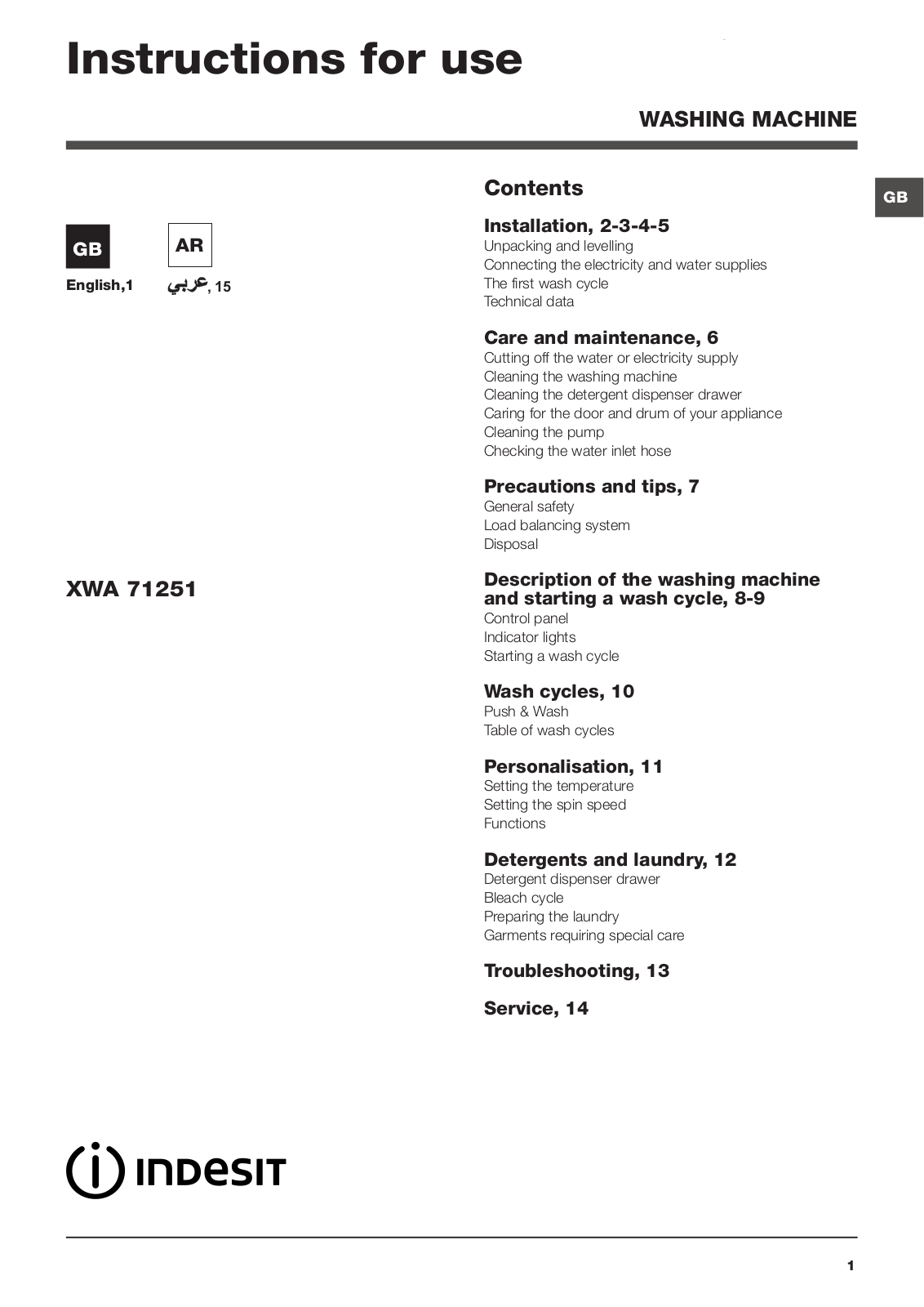 INDESIT XWA 71251 W 60HZ User Manual