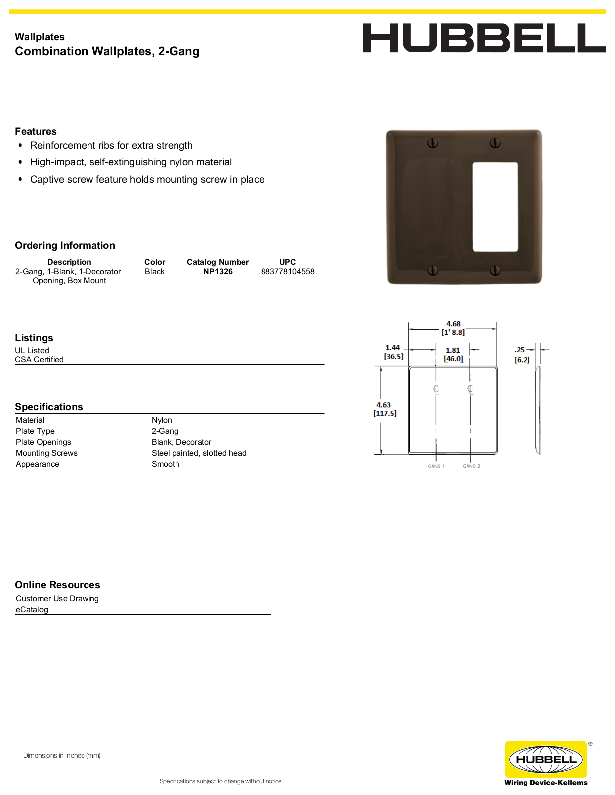 Hubbell NP1326 Specifications