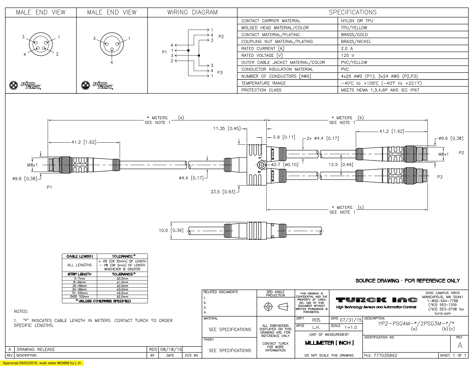 Turck YP2-PSG4M-1/2PSG3M-0.50.5 Specification Sheet