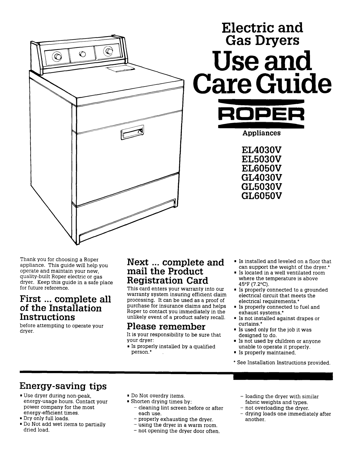 Roper GL4030V, GL6050V, EL5030V, GL5030V, EL6050V User Manual - ManualMachine.com