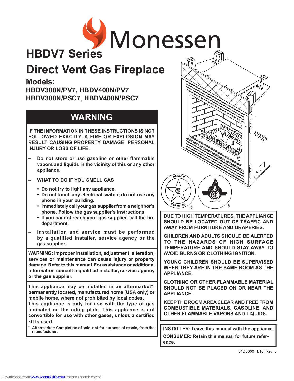 Monessen HBDV300NV7, HBDV300PV7, HBDV400NV7, HBDV400PV7, HBDV300NSC7 User Manual