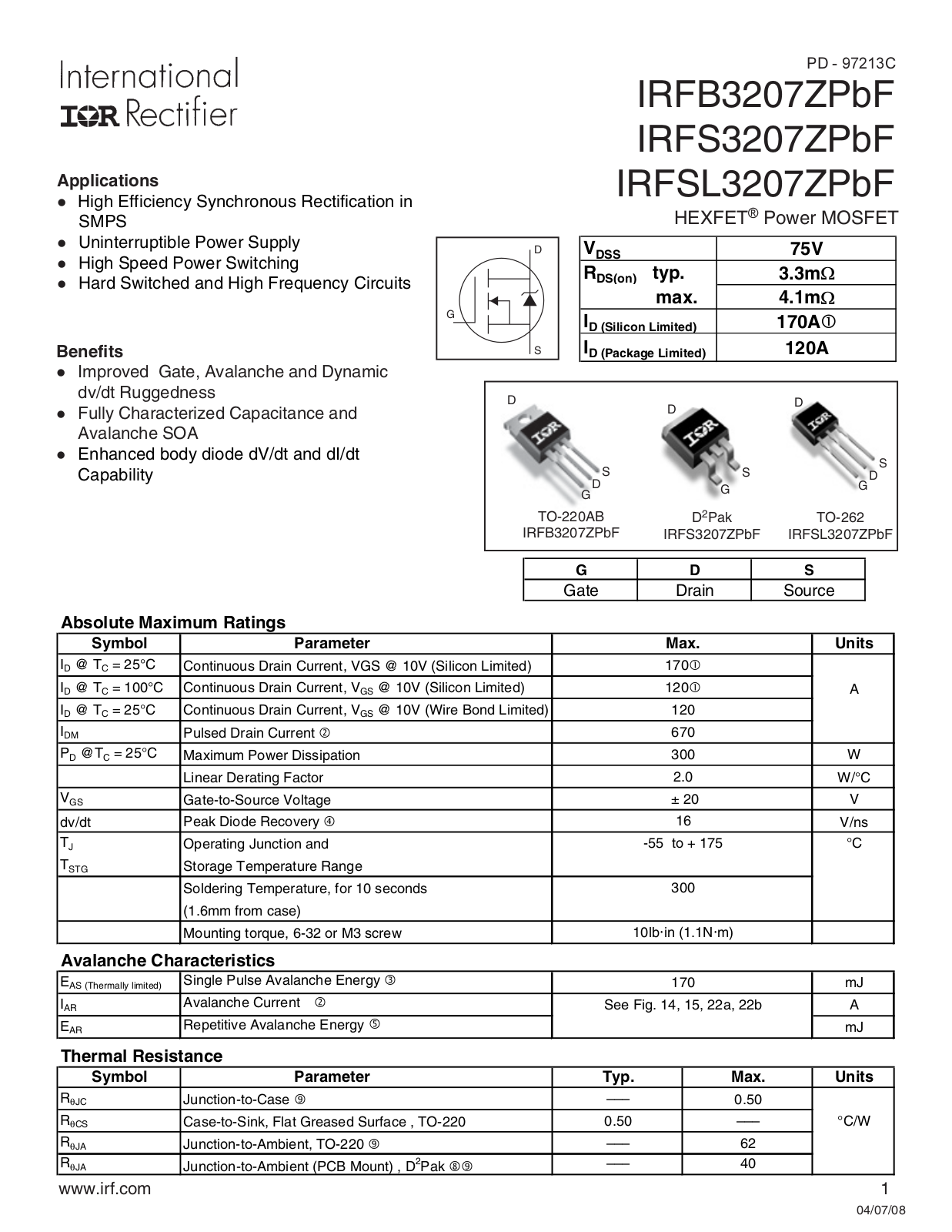 Datasheet IRFB 3207Z Datasheet - ManualMachine.com