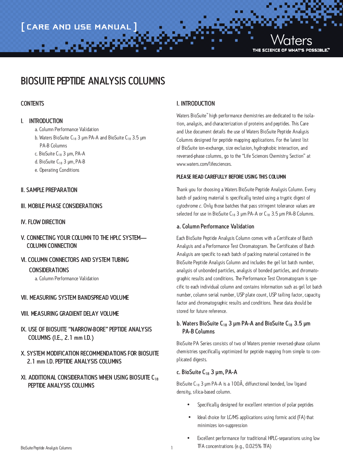 Waters BioSuite Peptide Analysis Columns User Manual