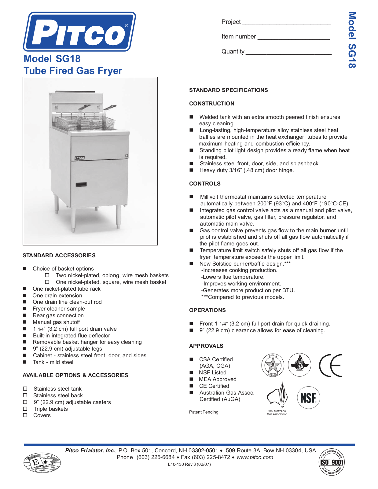 Pitco Sg18 Specification Data