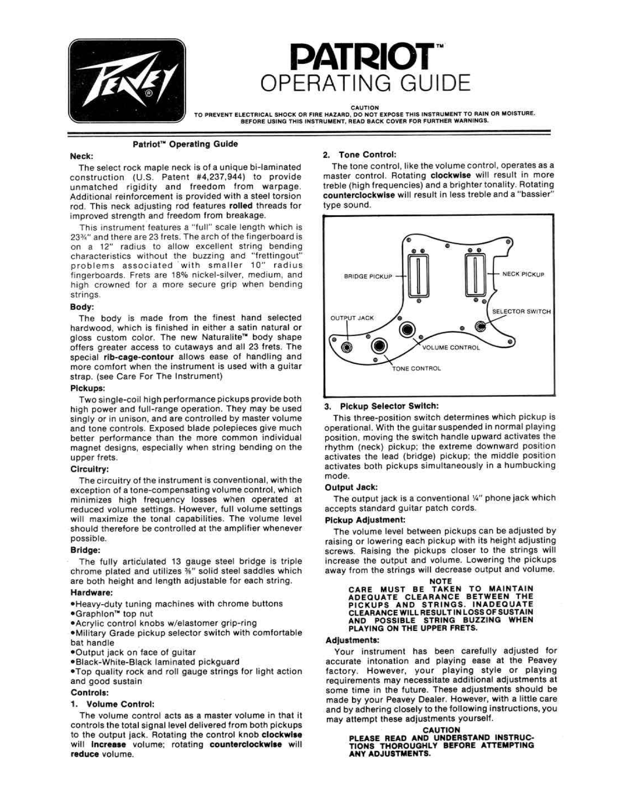 Peavey PATRIOT Operating guide