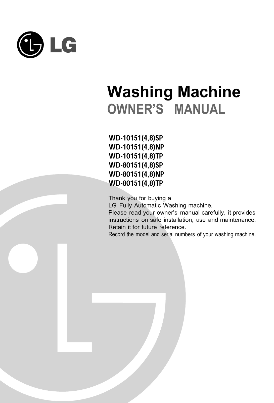 LG WD-10158TP, WD-80158TP Owner’s Manual