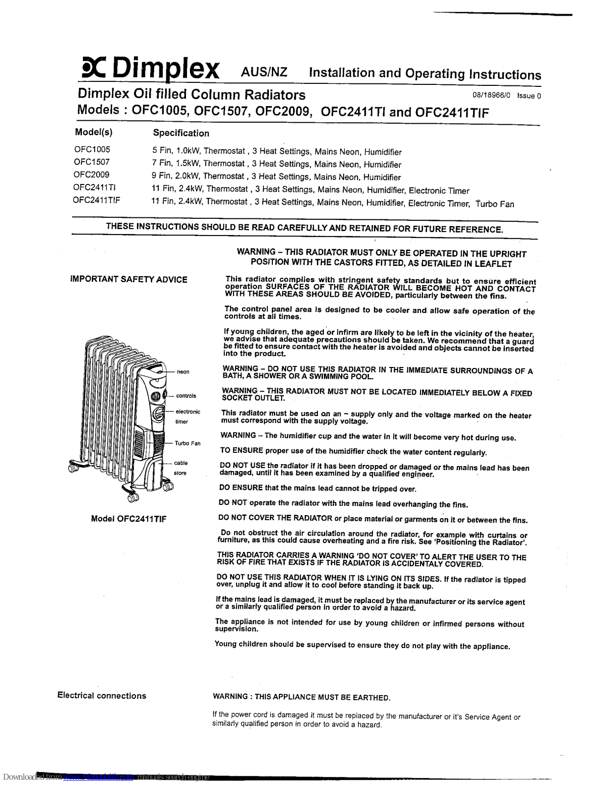 Dimplex OFC1005, OFC1507, OFC2009, OFC2411TI, OFC2411TIF Installation And Operating Instructions Manual