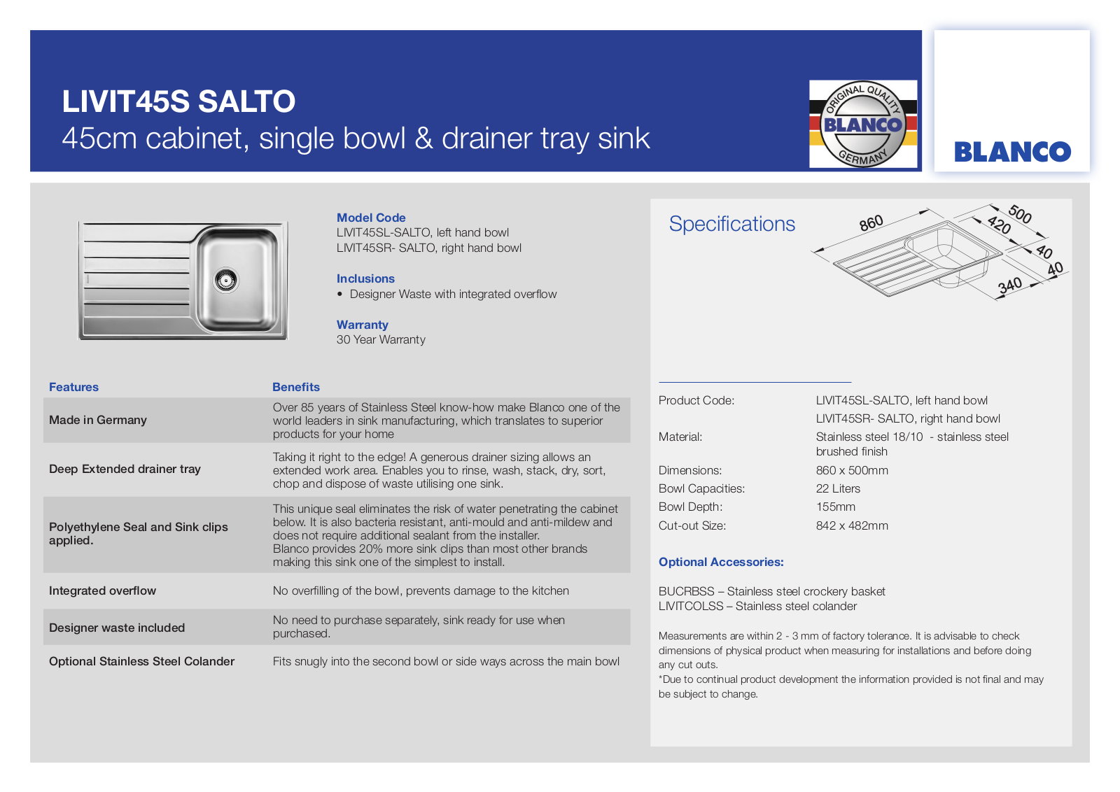 Blanco LIVIT45SL-SALT, LIVIT45SR-SALT Specifications Sheet