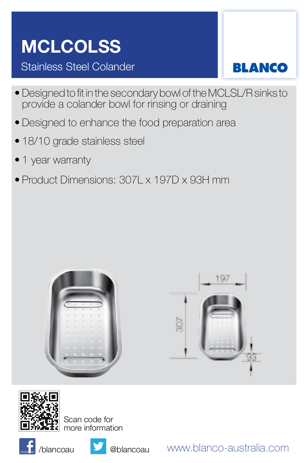 Blanco MCLCOLSS Specifications Sheet