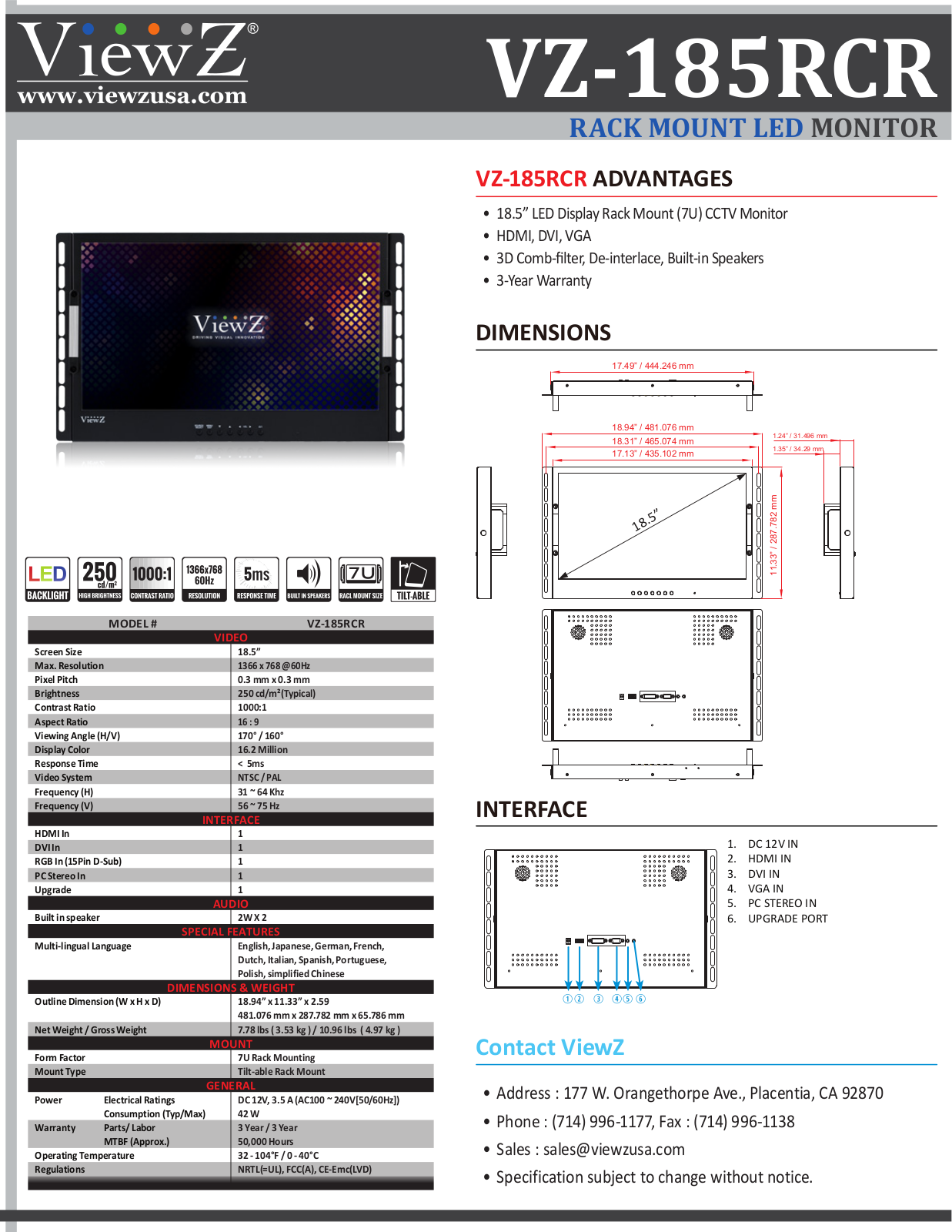 ViewZ VZ-185RCR Specsheet