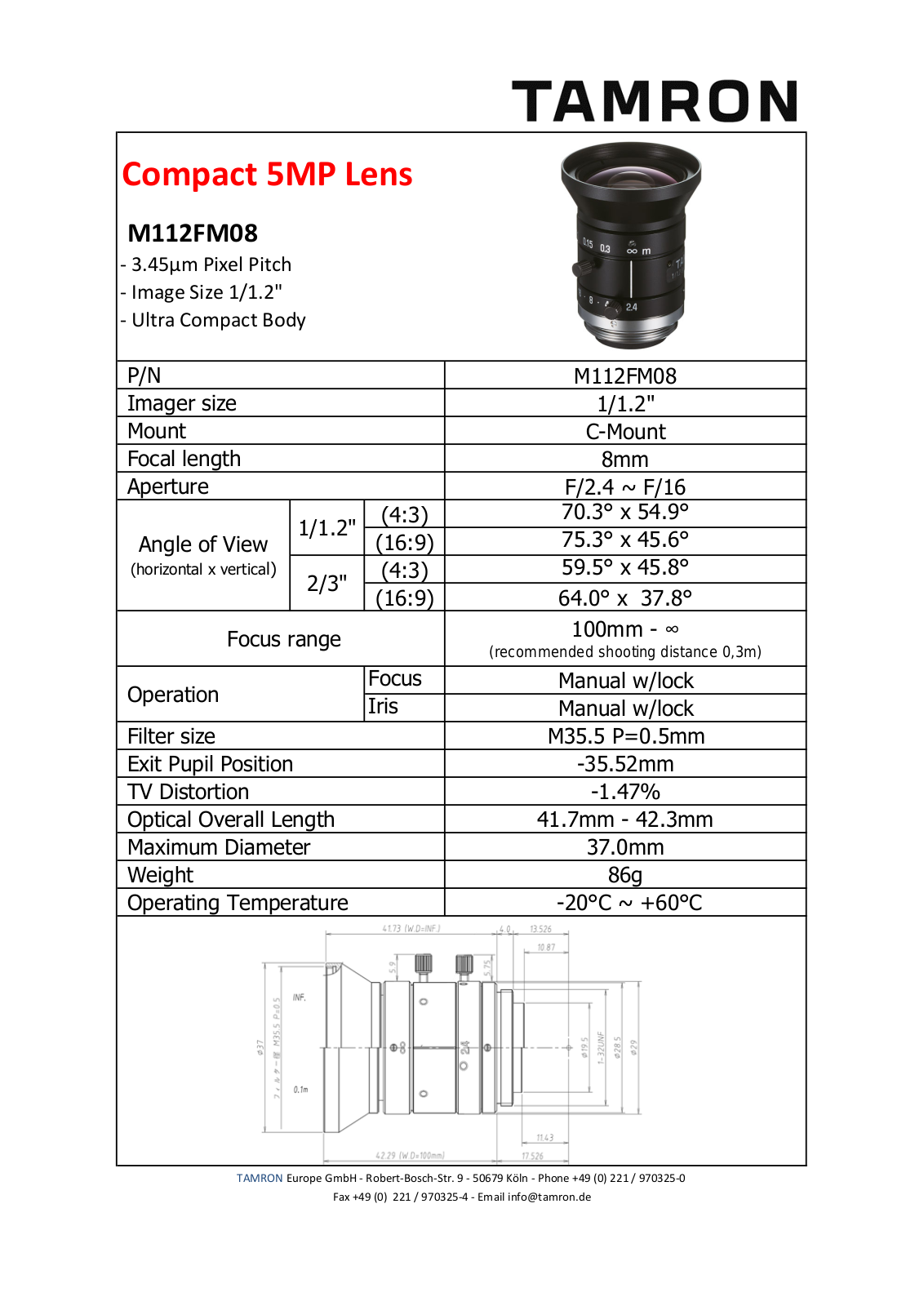 Tamron M112FM08 Specsheet