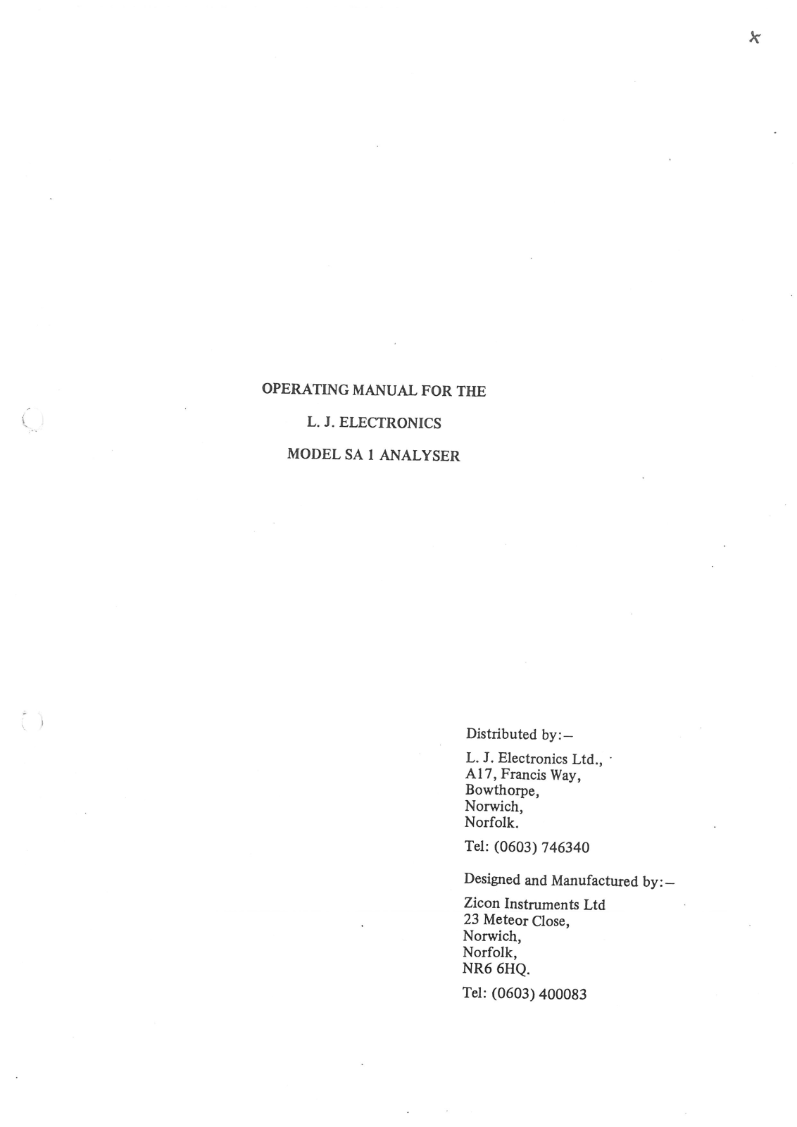 L J Electronics SA 1 Operation Manual - ManualMachine.com