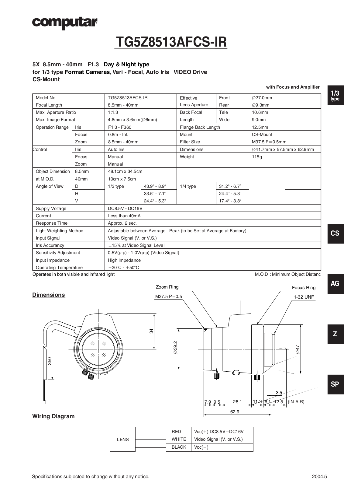 Computar TG5Z8513AFCS-IR Specsheet