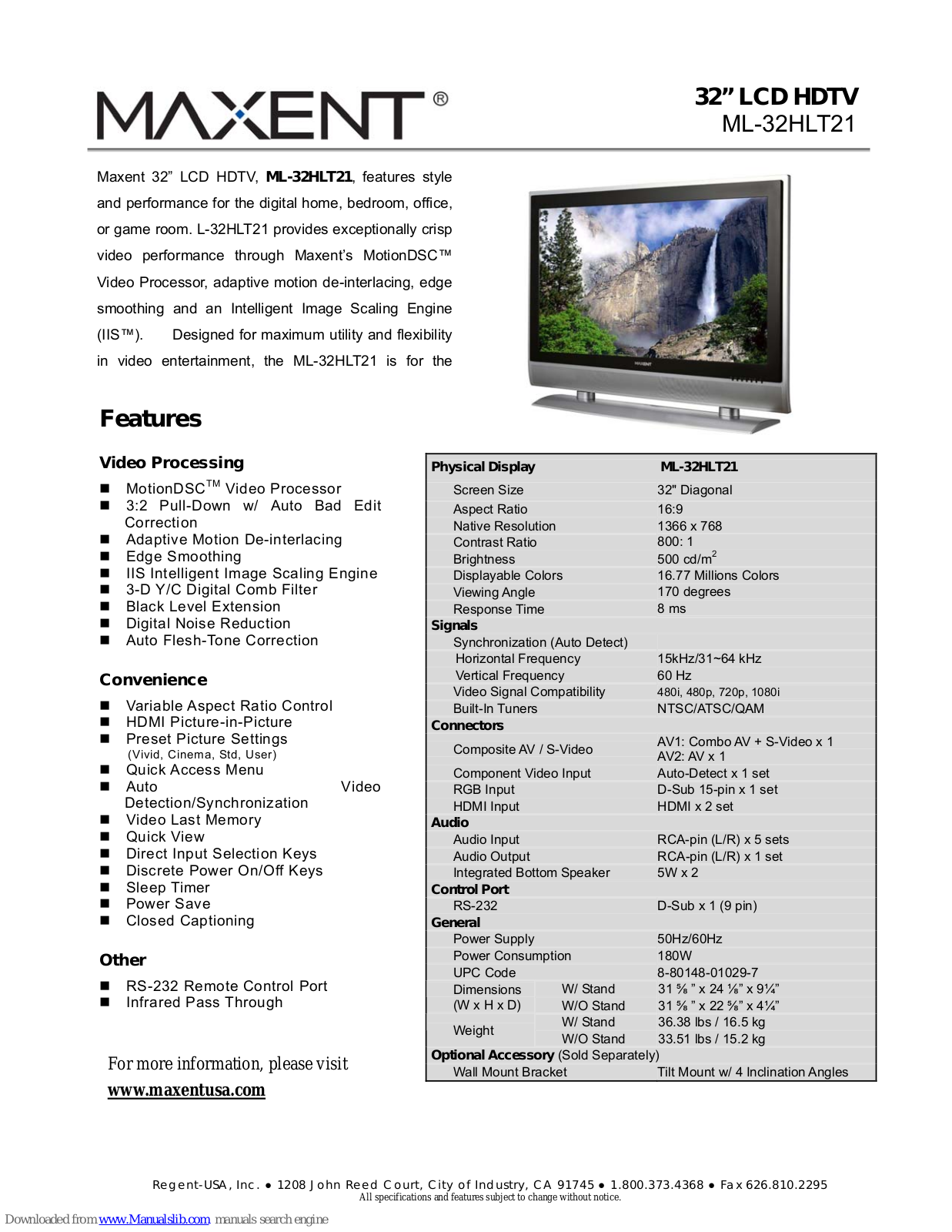 Maxent ML-32HLT21 Specifications - ManualMachine.com
